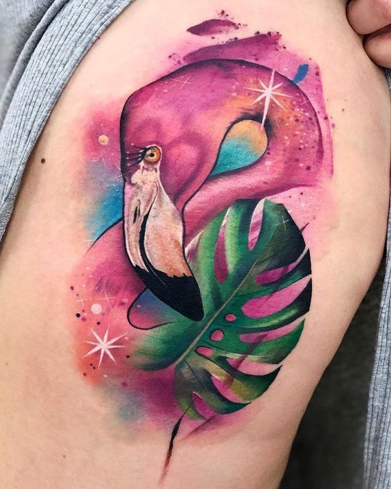 Large flamingo tattoo on the hip for women