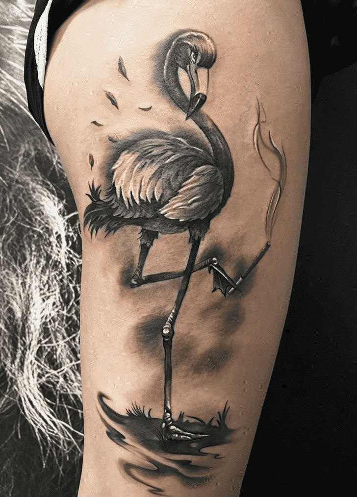 Large flamingo tattoo with a cigar on the hip for women