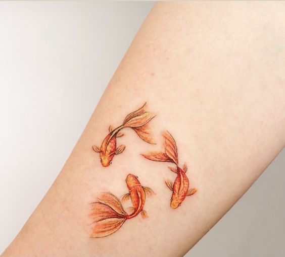 Colorful tattoo of three goldfish on the arm for women