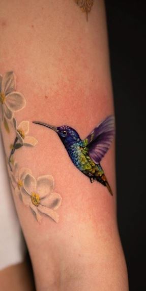 Colored hummingbird tattoo on the shoulder for women