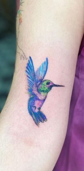 Colored hummingbird tattoo on the arm for women