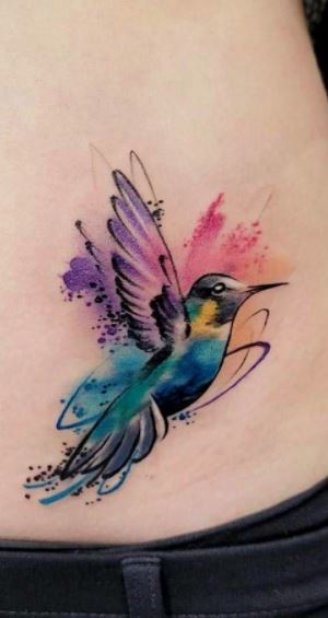 Colored hummingbird tattoo on the stomach for women