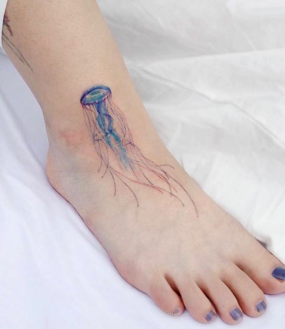 Color jellyfish ankle tattoo for women