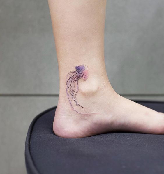 Color jellyfish ankle tattoo for women