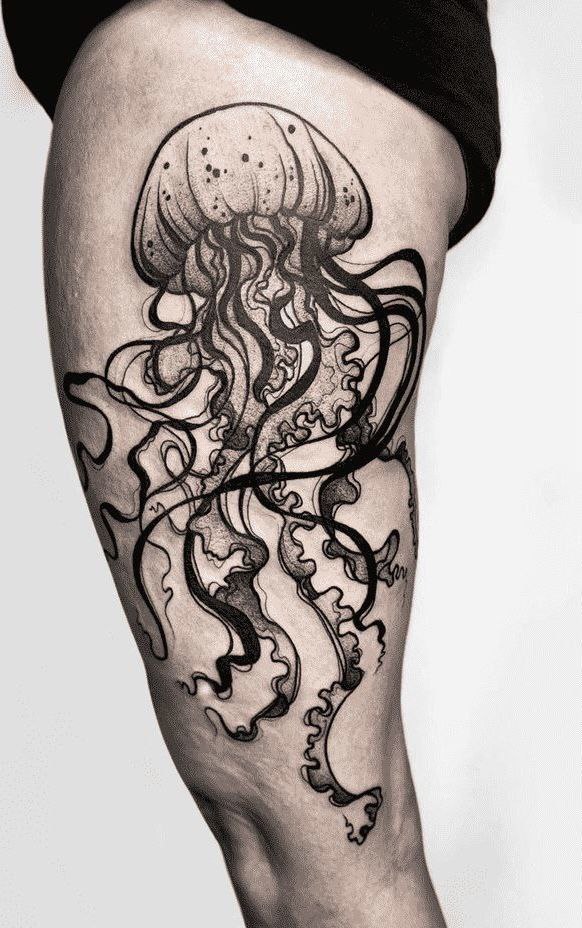 Large jellyfish tattoo on the thigh for women