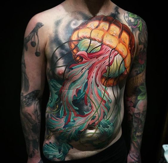 Large jellyfish tattoo on the chest for men