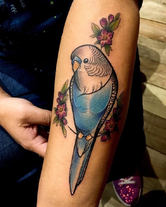 Large parrot tattoo on the arm for women