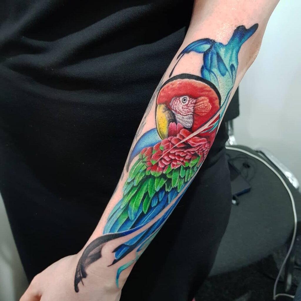 Large parrot tattoo on the forearm for men