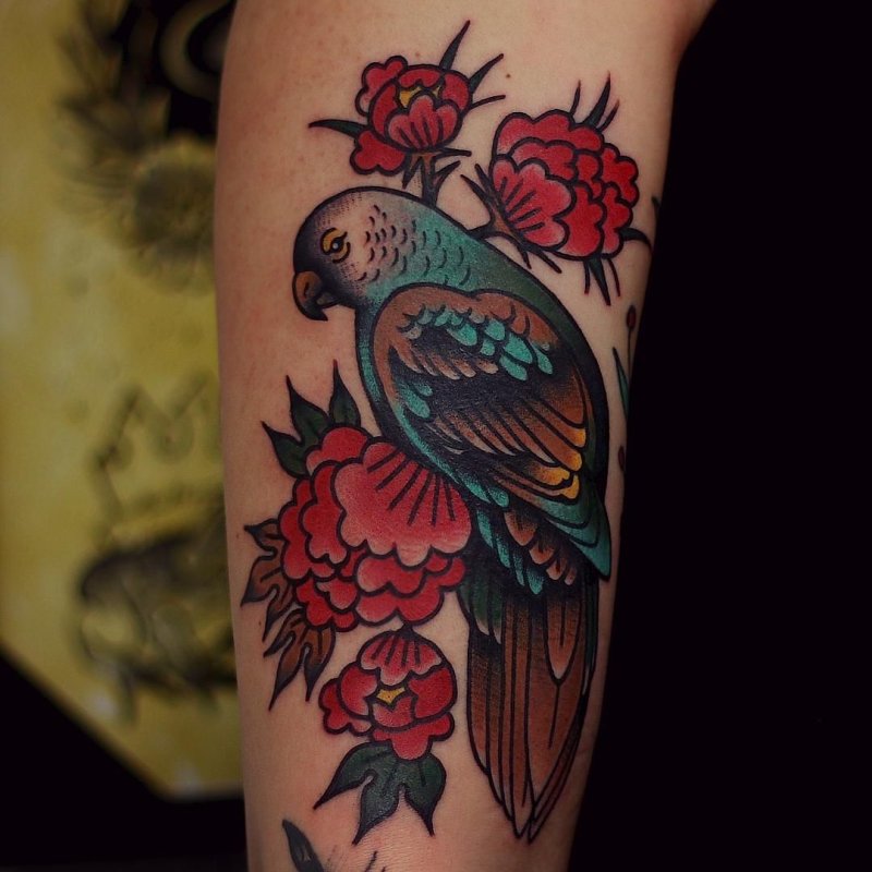 Large parrot tattoo on the arm for men