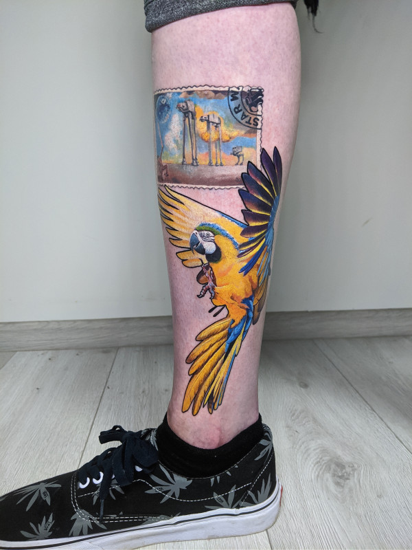 Large parrot tattoo on the shin for men