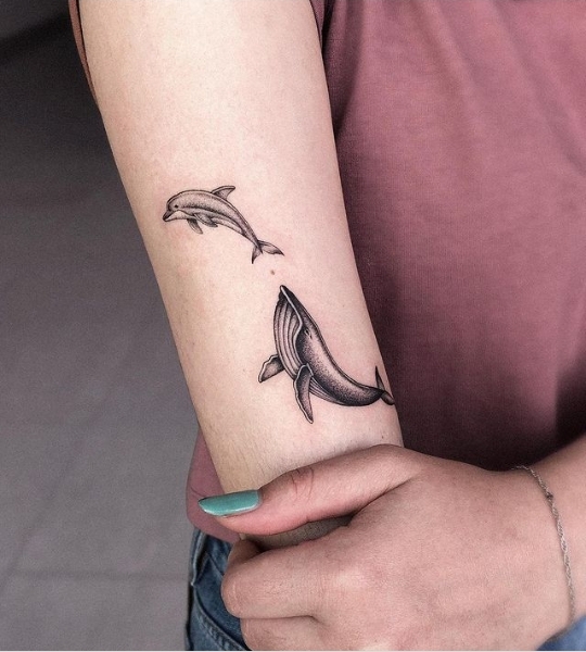 Tattoo of two dolphins on the arm for women