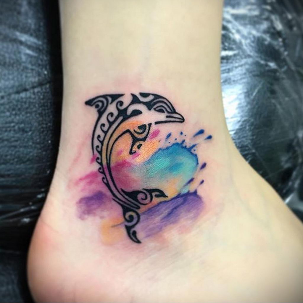 Colored ankle dolphin tattoo for women