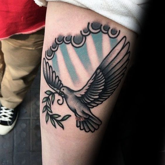 Color tattoo of a dove on the shoulder for men