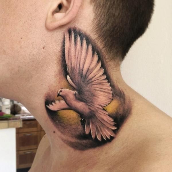 Large tattoo of a dove on the neck for men