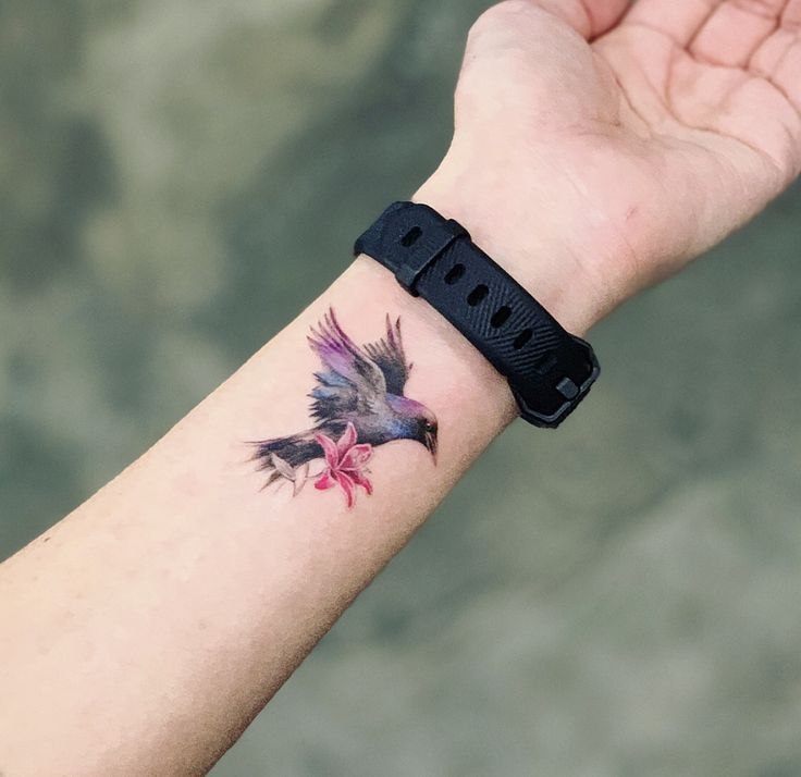 Color tattoo of a raven on the arm for men