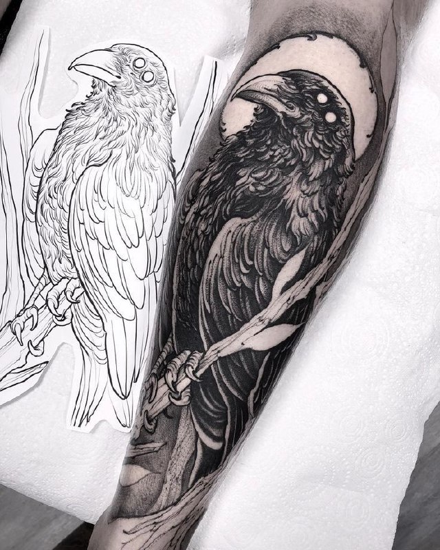 Large tattoo of a raven on the forearm for women