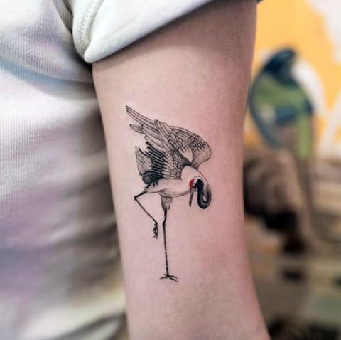 Stork tattoo on the shoulder for women