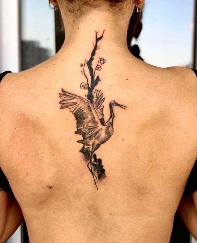 Large stork tattoo on the back for women