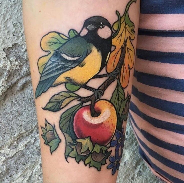 Color tattoo of a tit with an apple on the forearm for men