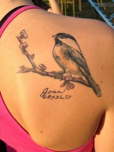 Tattoo of a tit with an inscription on the shoulder blade for women