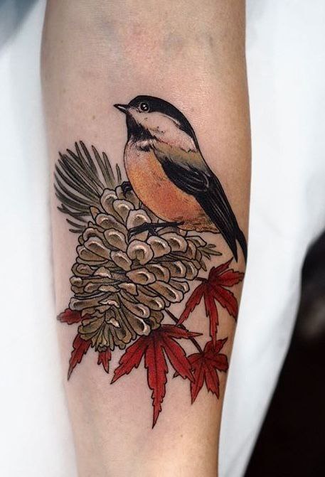 Color tattoo of a tit with a bump on the forearm for women