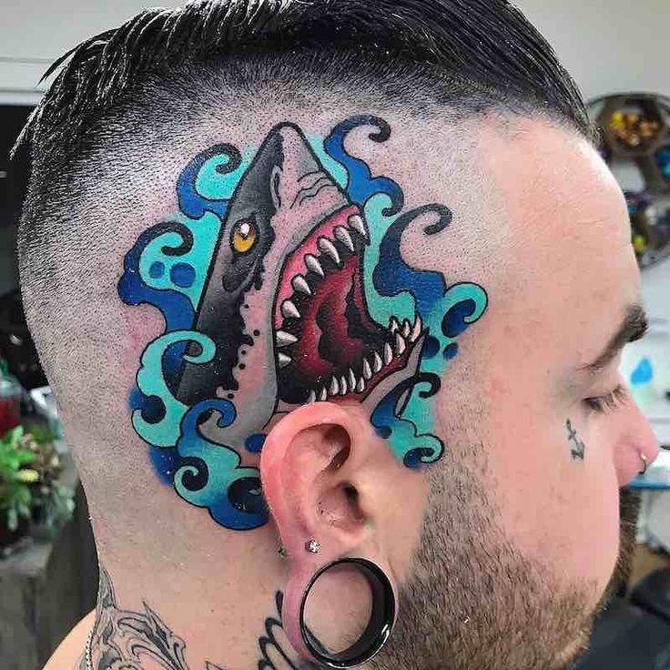 Colorful shark tattoo on the head for men