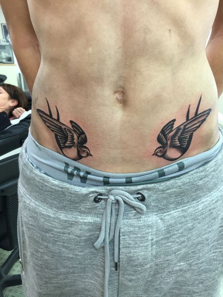 Tattoo of two swallows on the stomach for men