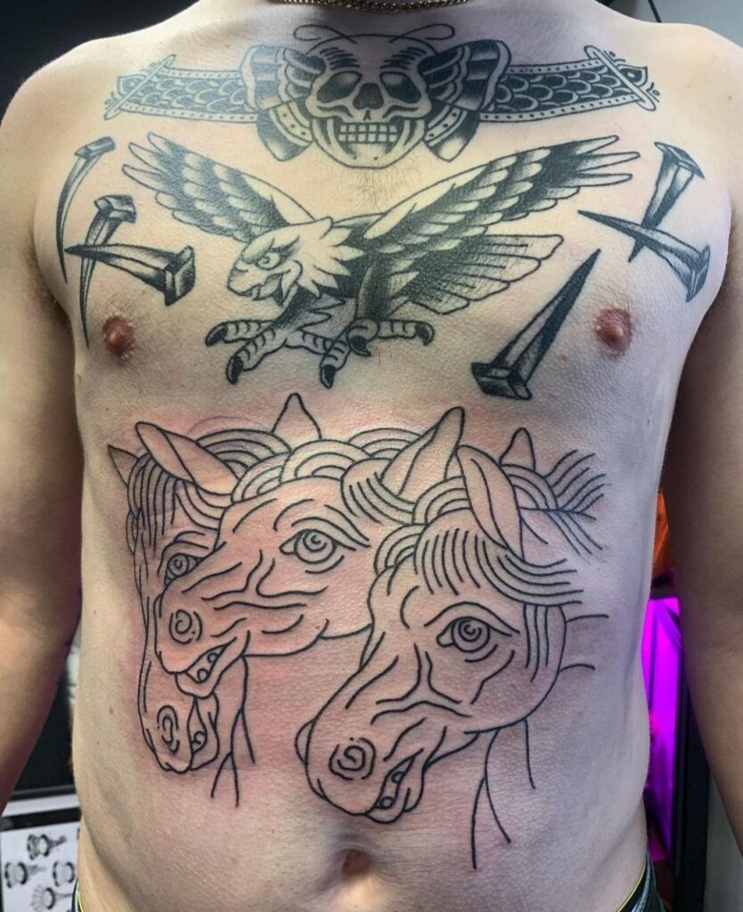 Tattoo of three ponies on the stomach for men