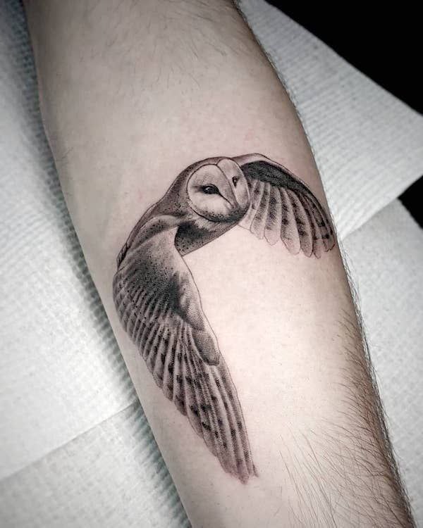 Tattoo of an owl on the forearm for men