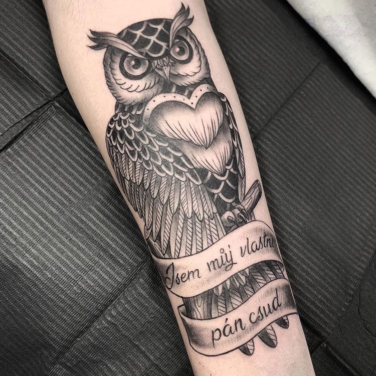 Large owl tattoo with forearm lettering for men