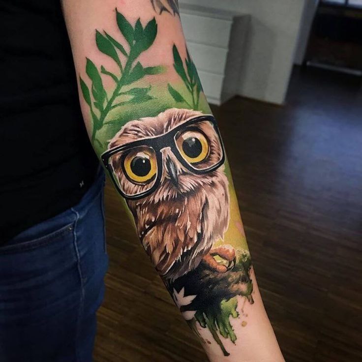 Colorful owl tattoo on the forearm for women