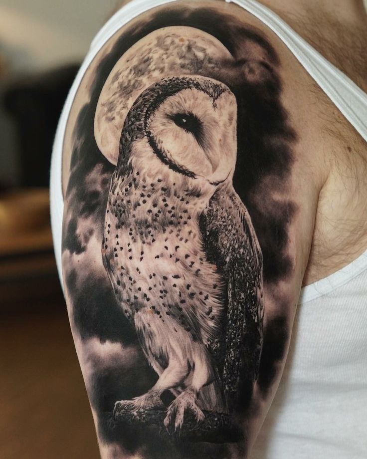 Large owl and moon tattoo on the shoulder for men