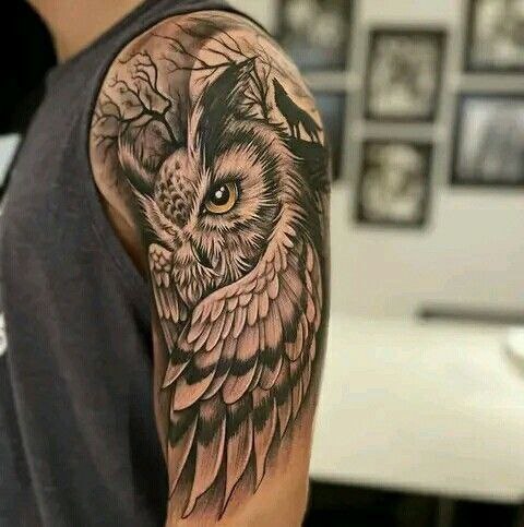 Large owl tattoo on the shoulder for men