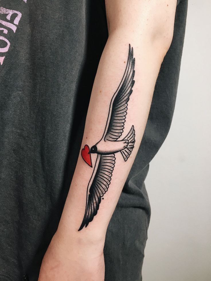 Large seagull tattoo on the forearm for men