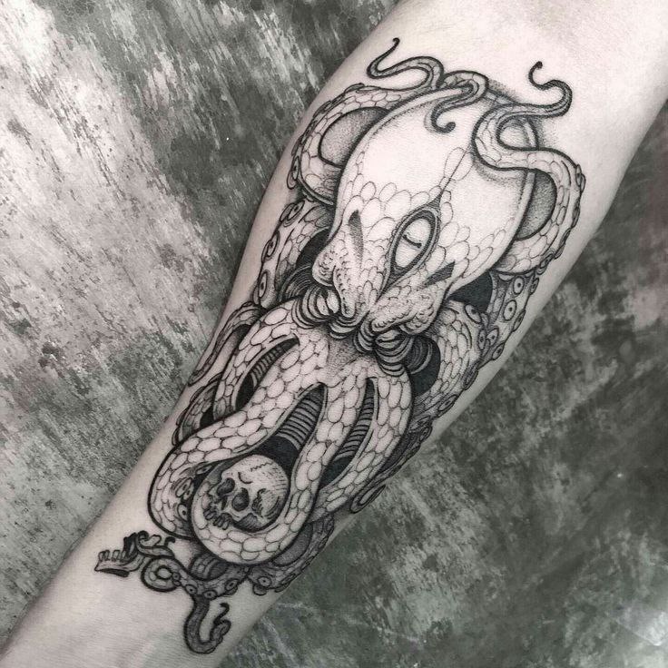 Large octopus tattoo on the arm for men