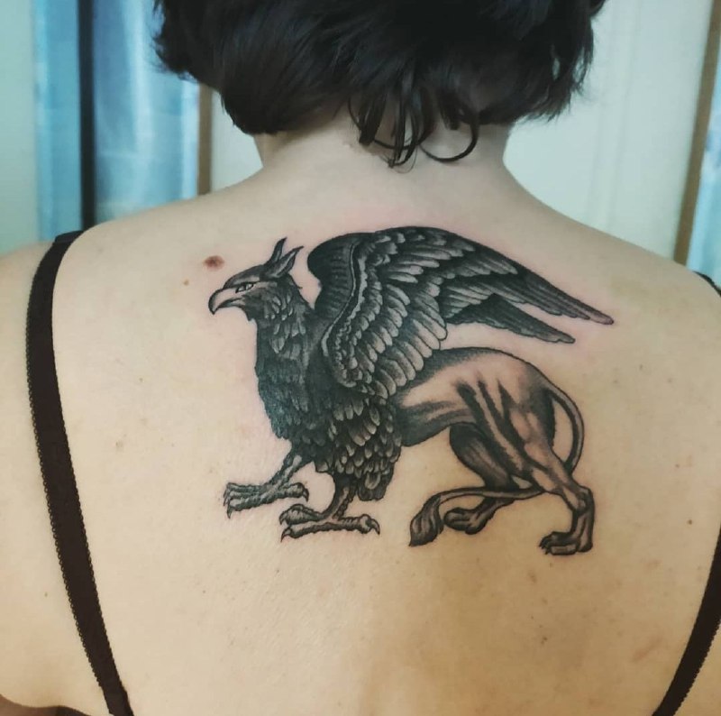 Tattoo of a griffin on the back for women