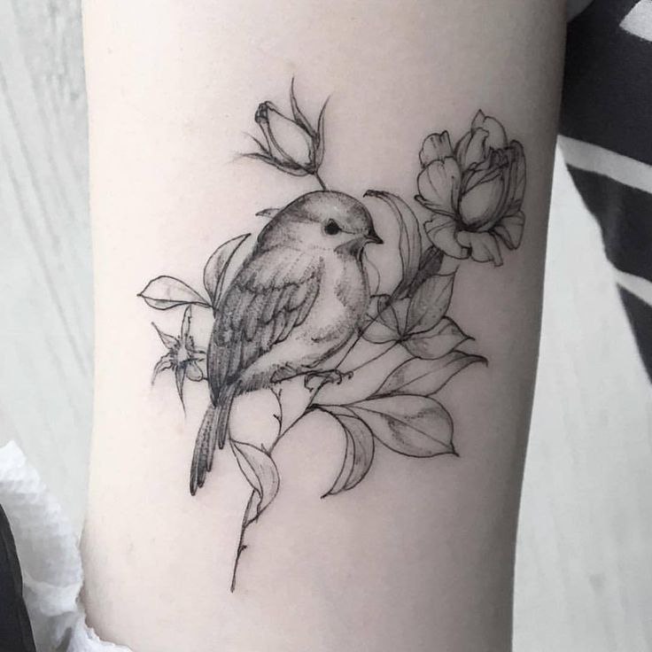 Tattoo of a sparrow with flowers on the shoulder for men