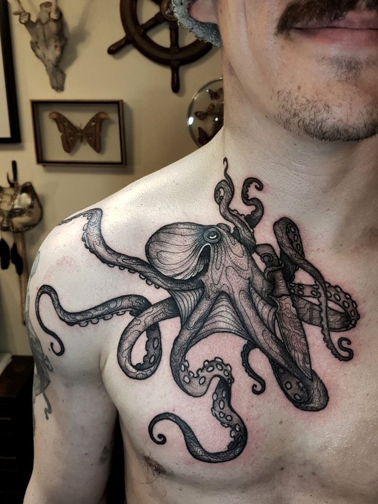 Large octopus tattoo on the chest for men