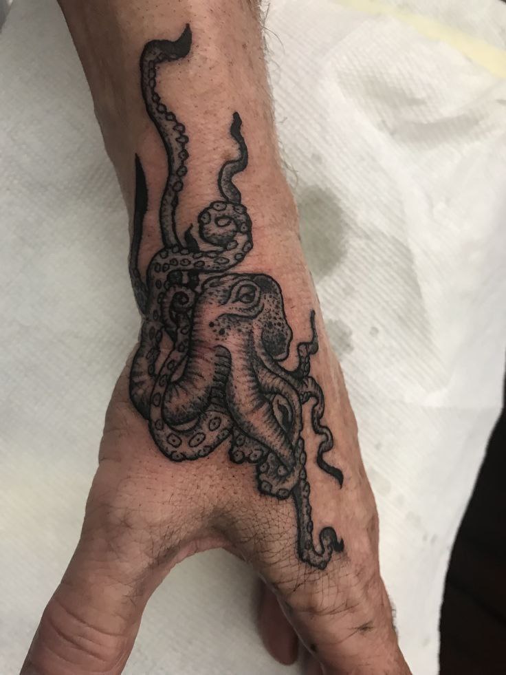 Tattoo of an octopus on the hand for men