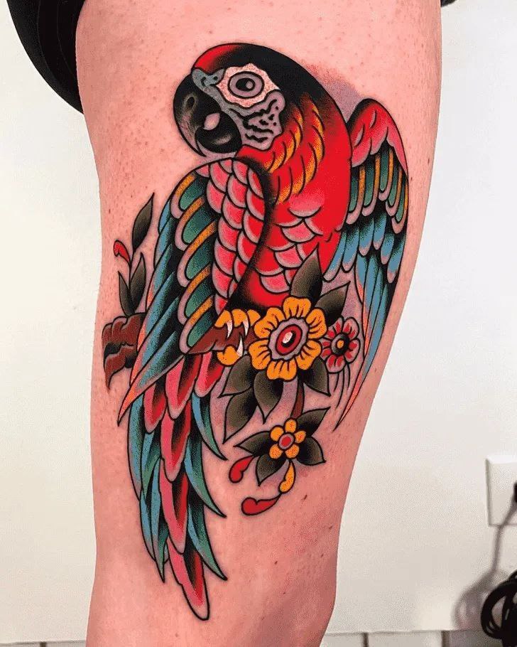 Colorful parrot tattoo with flowers on the thigh for men