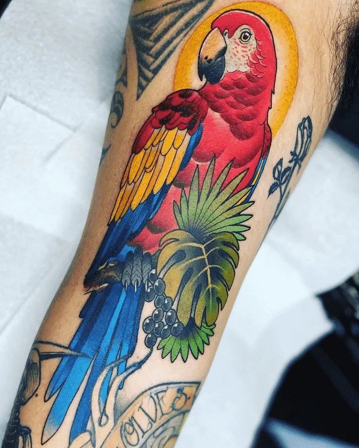 Large parrot tattoo on the arm for men