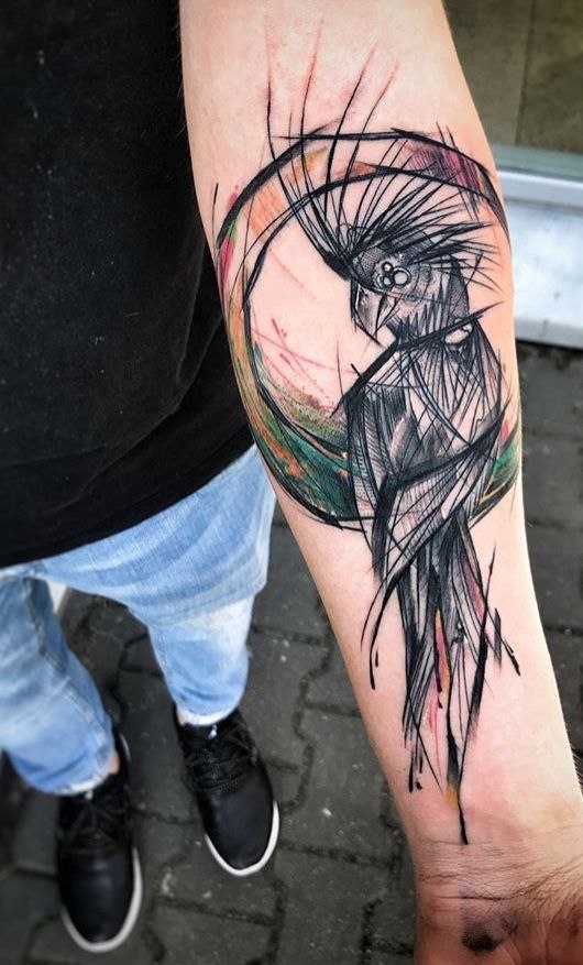 Colored parrot tattoo on the forearm for men