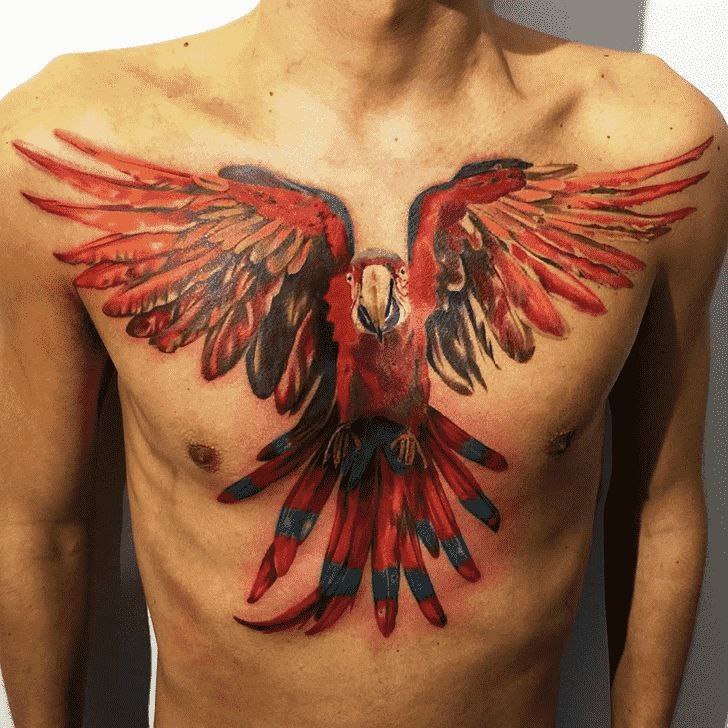 Color parrot tattoo on the chest for men