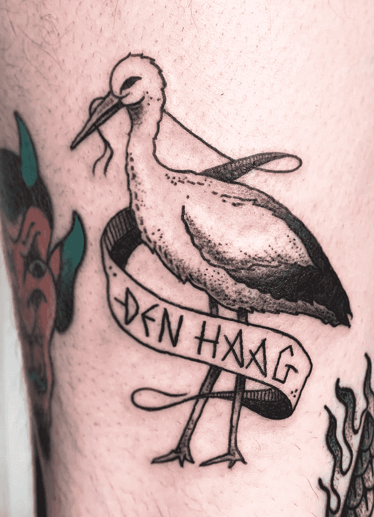 Large stork tattoo on the leg for men