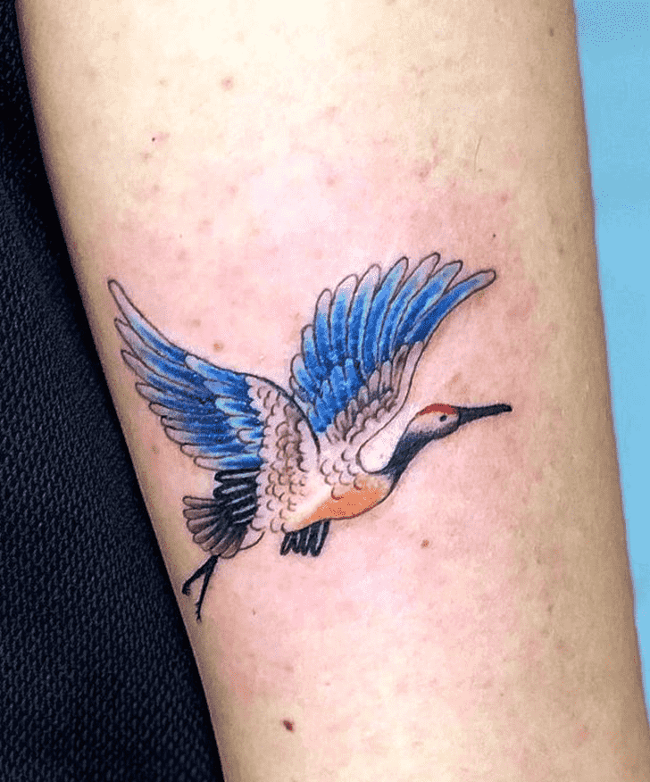 Colorful stork tattoo on the shoulder for women