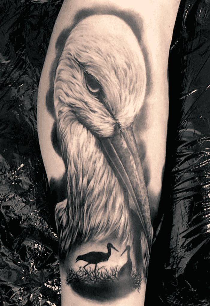 Large stork tattoo on the arm for women