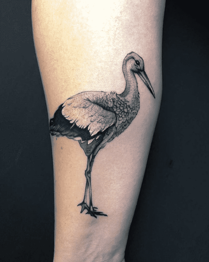 Large stork tattoo on the forearm for women