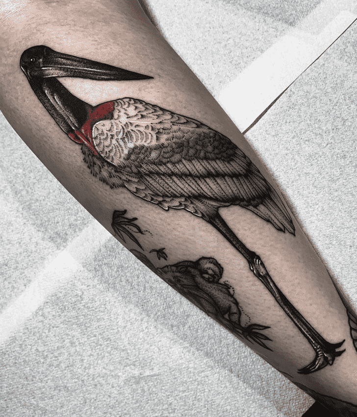 Colored stork tattoo on the shin for men