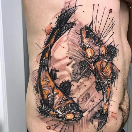 Large tattoo of two carps on the side for men