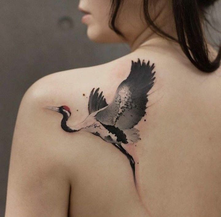 Large crane tattoo on the shoulder blade for women